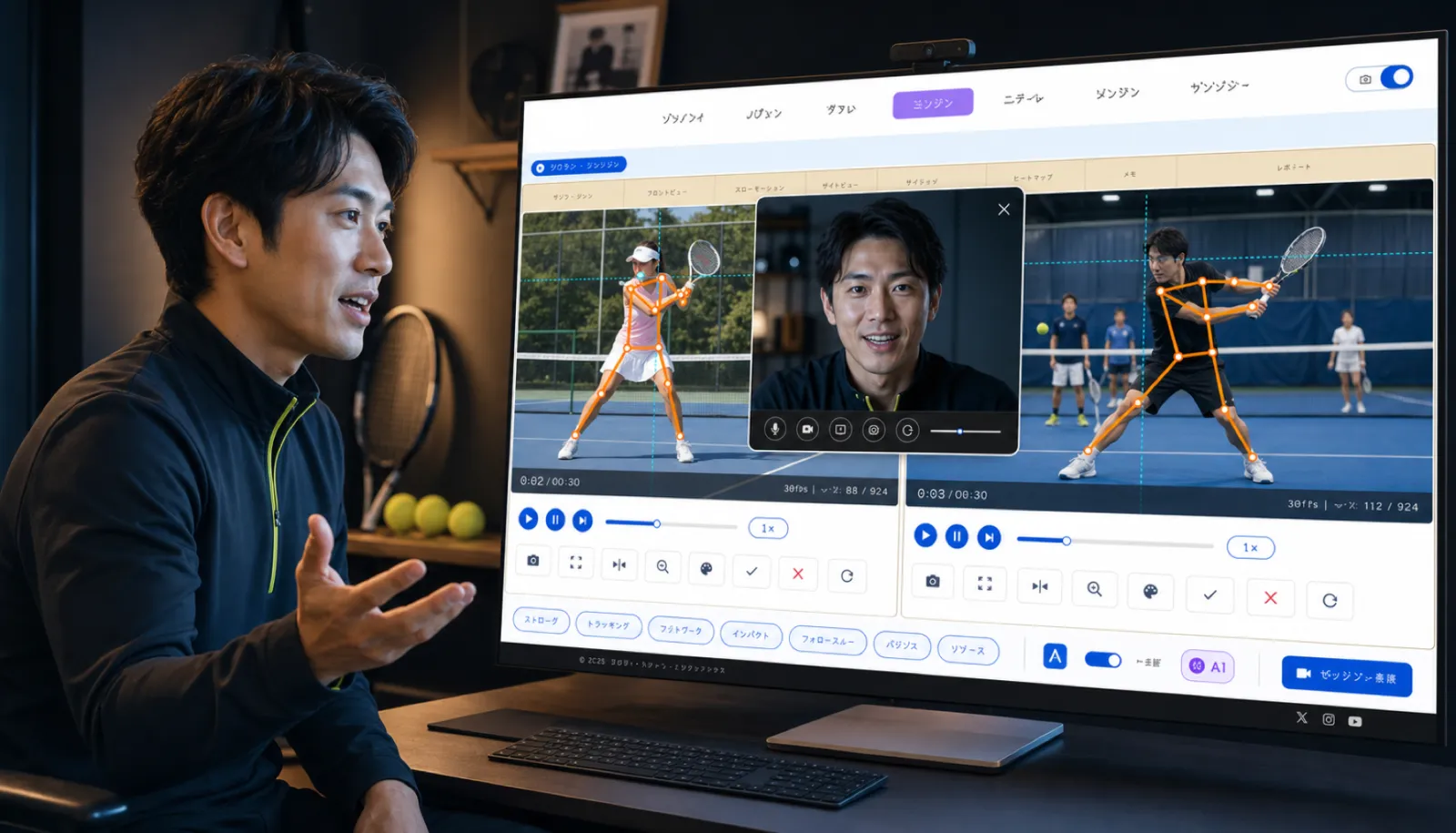 AIMASエディタで対面レッスンに映像を組み合わせて指導するコーチ