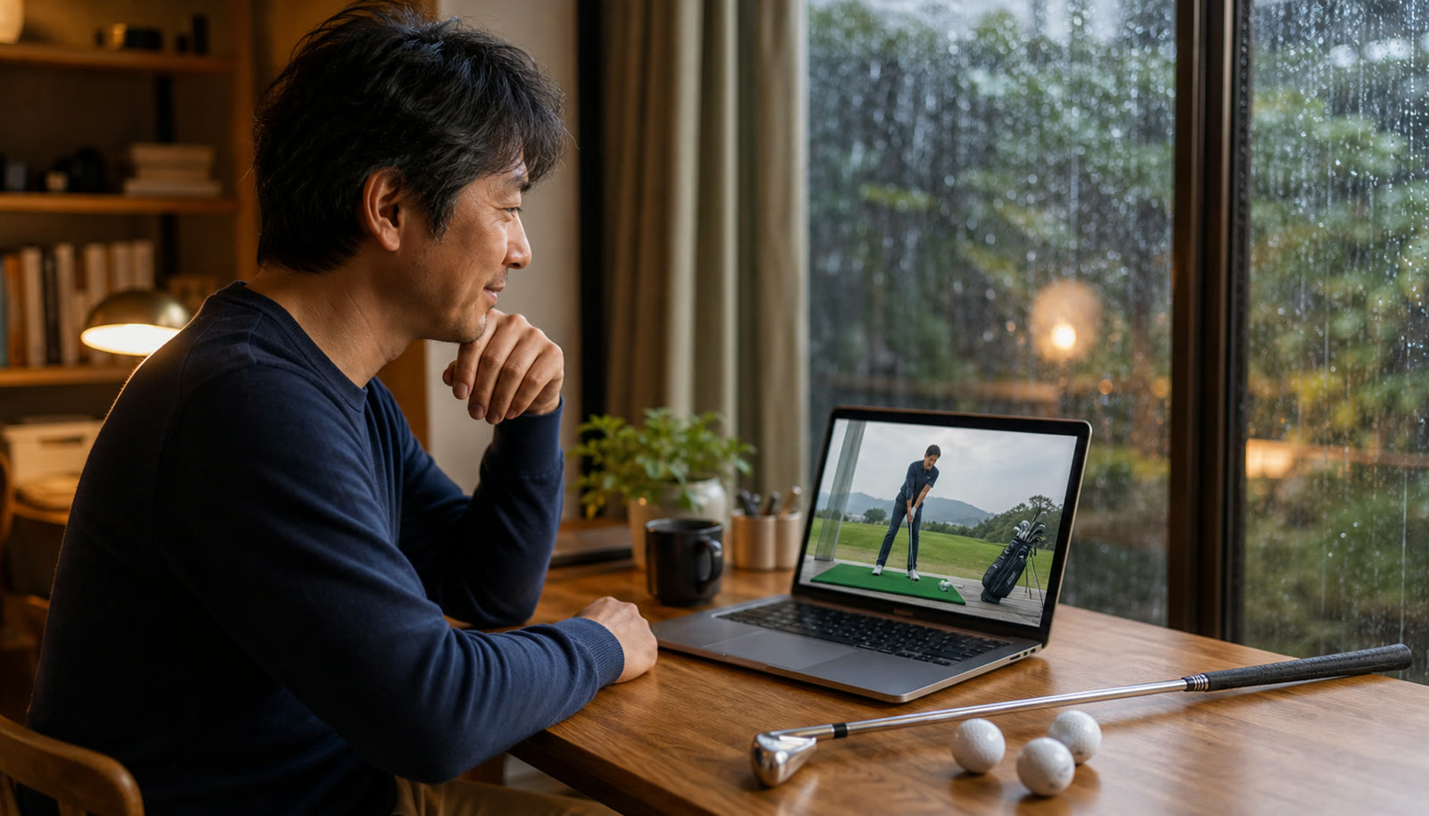 雨の日、自宅でくつろぎながらレッスンを行うゴルフコーチ
