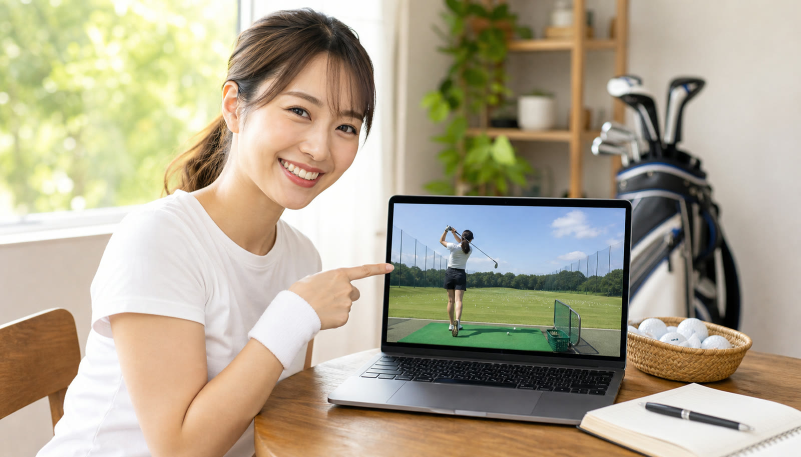 夜、自宅でくつろぎながらノートPCで自分の好きな時間にレッスン動画を作るコーチ