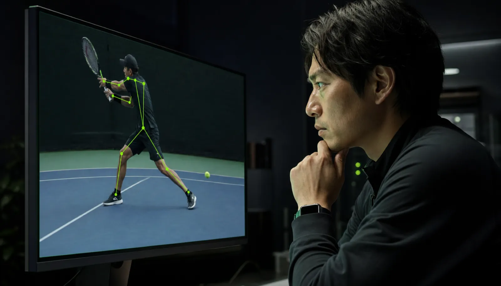 AI 姿勢推定の骨格ラインを真剣に分析するコーチ