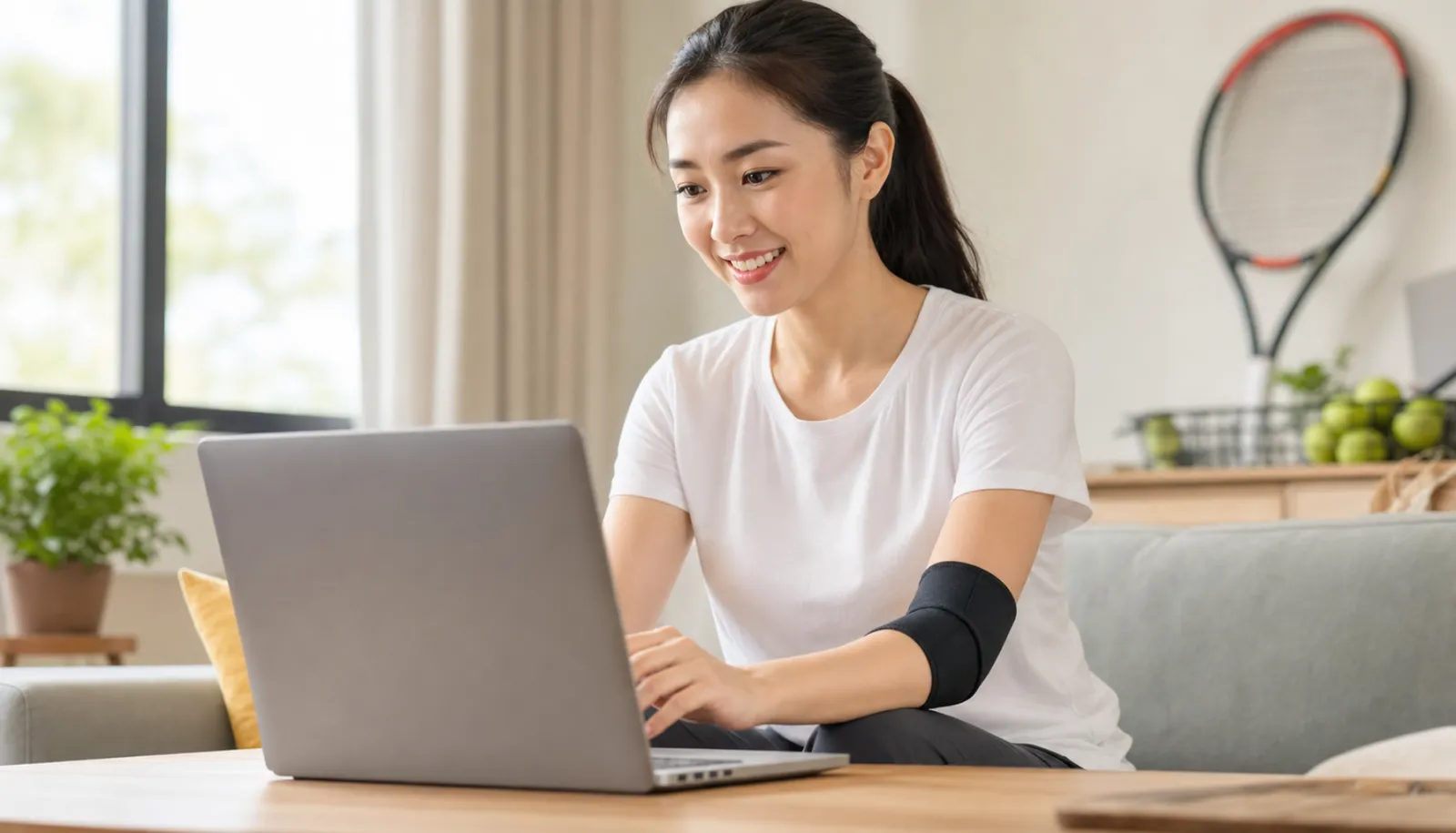 左肘にサポーターを着け、自宅のソファでノートPC1台でオンラインレッスンをする女性コーチ