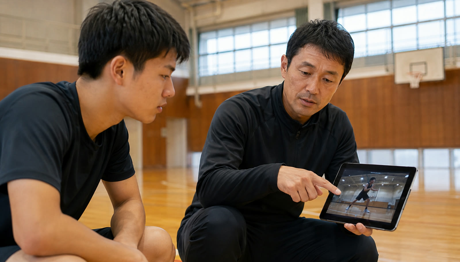 体育館でタブレットのフォーム動画を見せながら、対面レッスンに映像を組み合わせて指導するコーチ