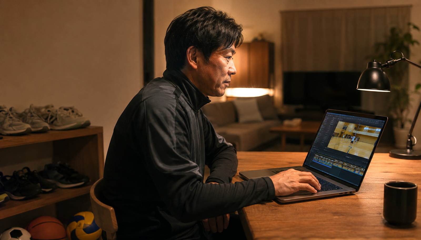 夜、自宅のデスクでノートPCを使い、自分の好きな時間にレッスン動画を作るコーチ