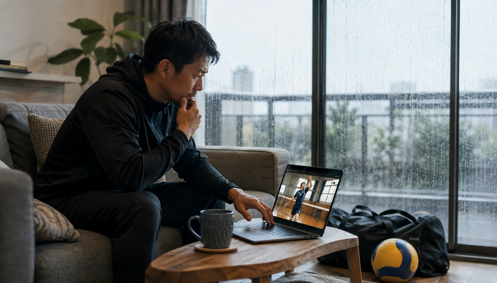 雨の日、自宅のソファでノートPCを開いてレッスンを行うコーチ