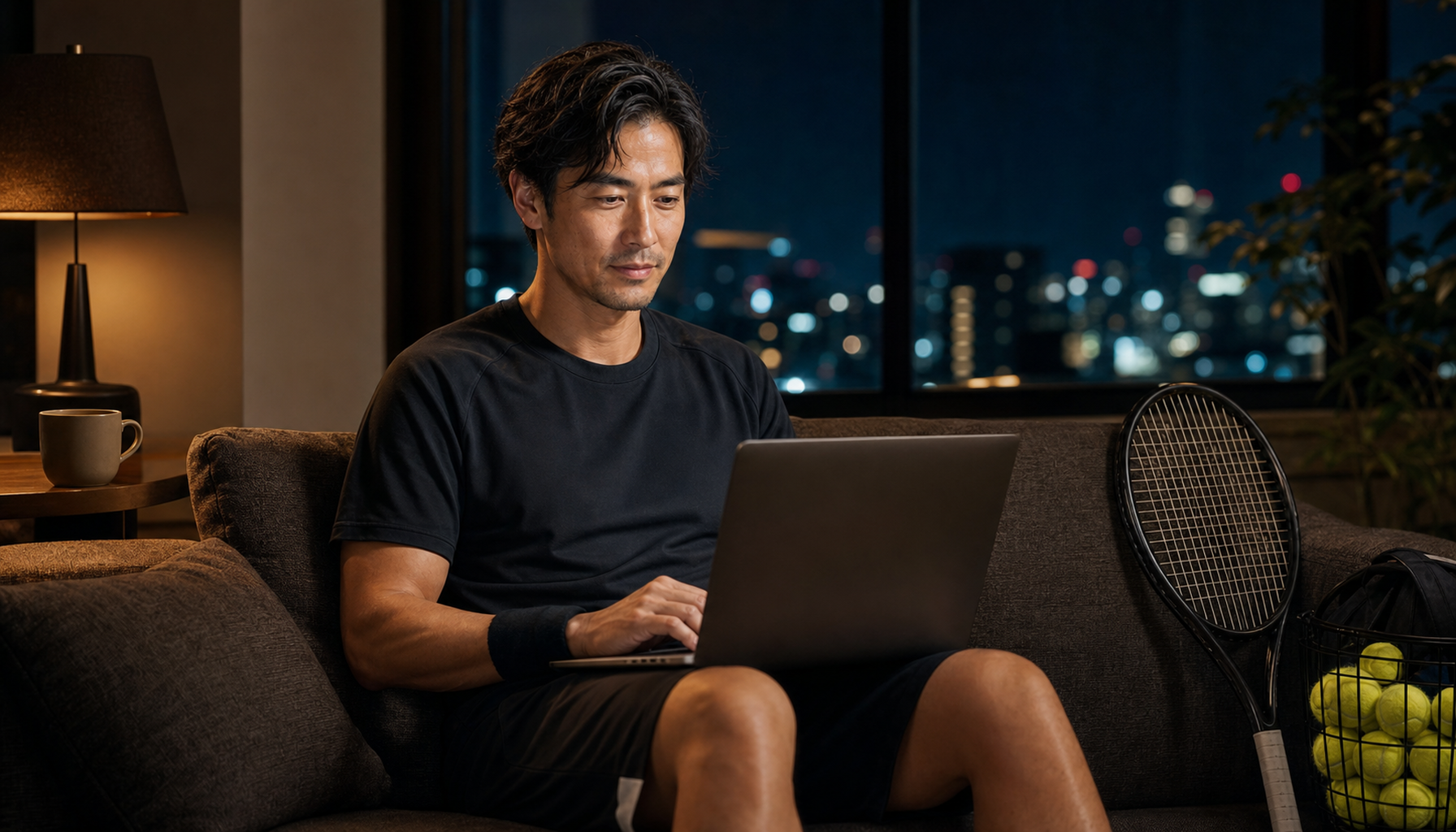 夜、自宅のソファでくつろぎながらノートPCで自分の好きな時間にレッスン動画を編集するコーチ