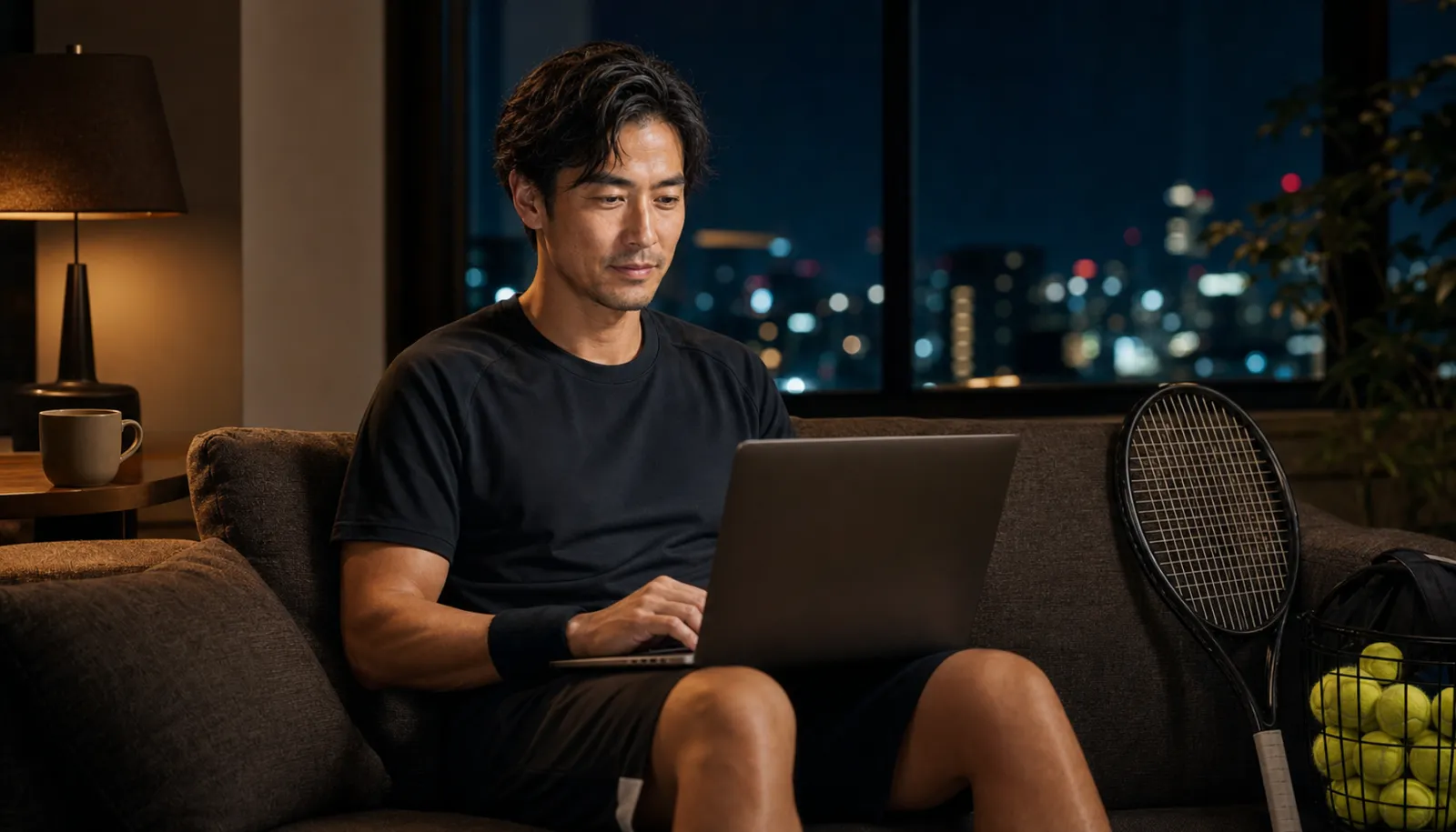夜、自宅のソファでくつろぎながらノートPCで自分の好きな時間にレッスン動画を編集するコーチ