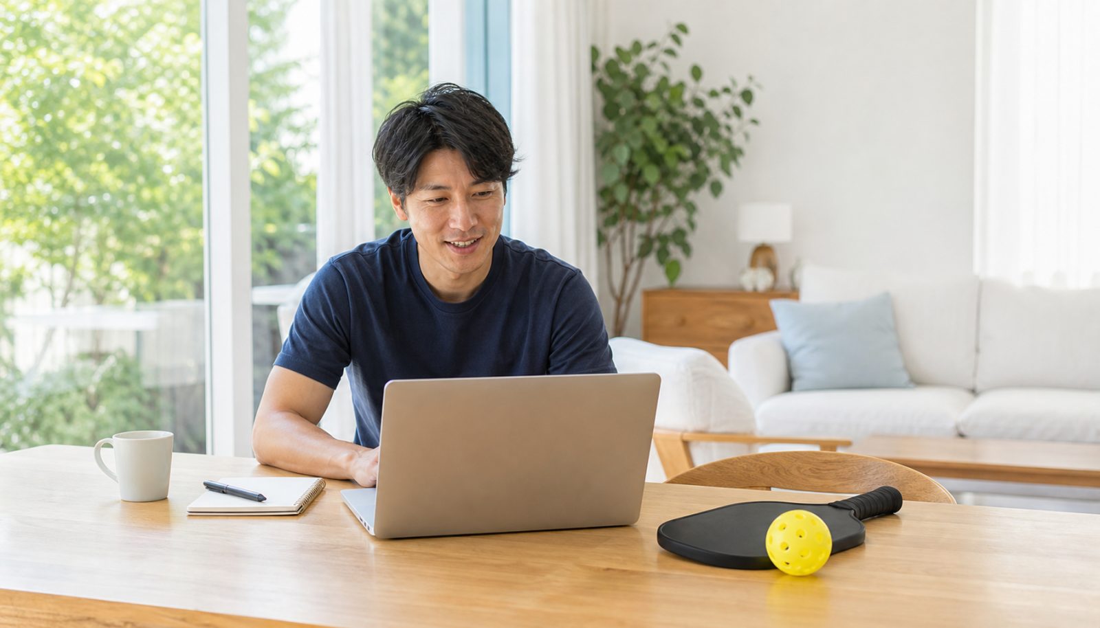 自宅のリビングで、自分の好きな時間にノートPCでレッスン動画を作るピックルボールコーチ