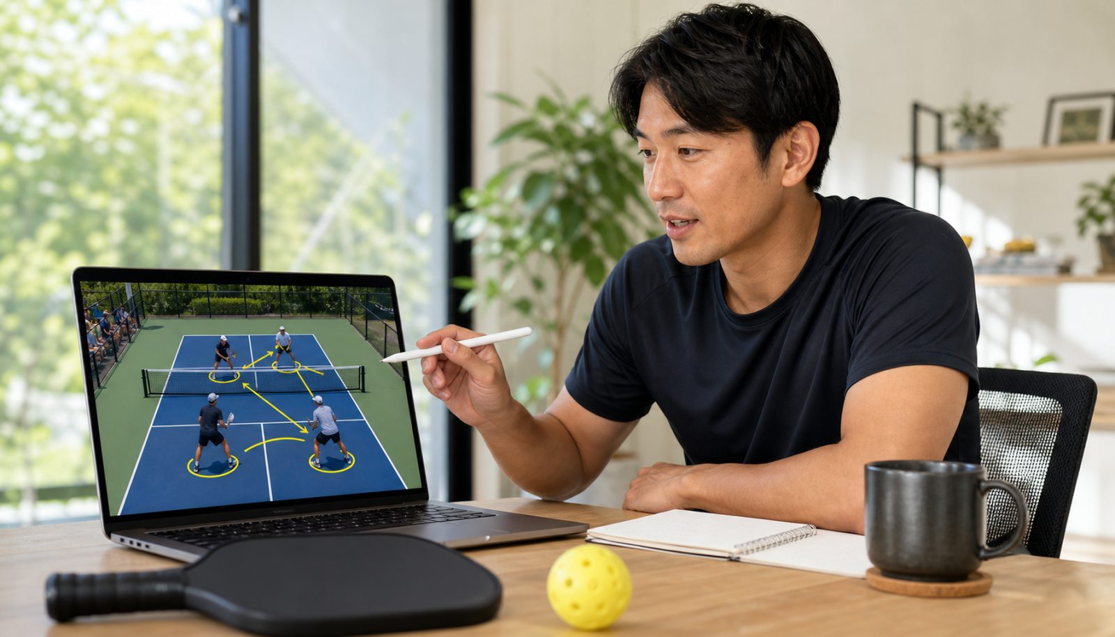 自宅からコート図に線を引いて、ダブルスの戦術を教えるピックルボールコーチ