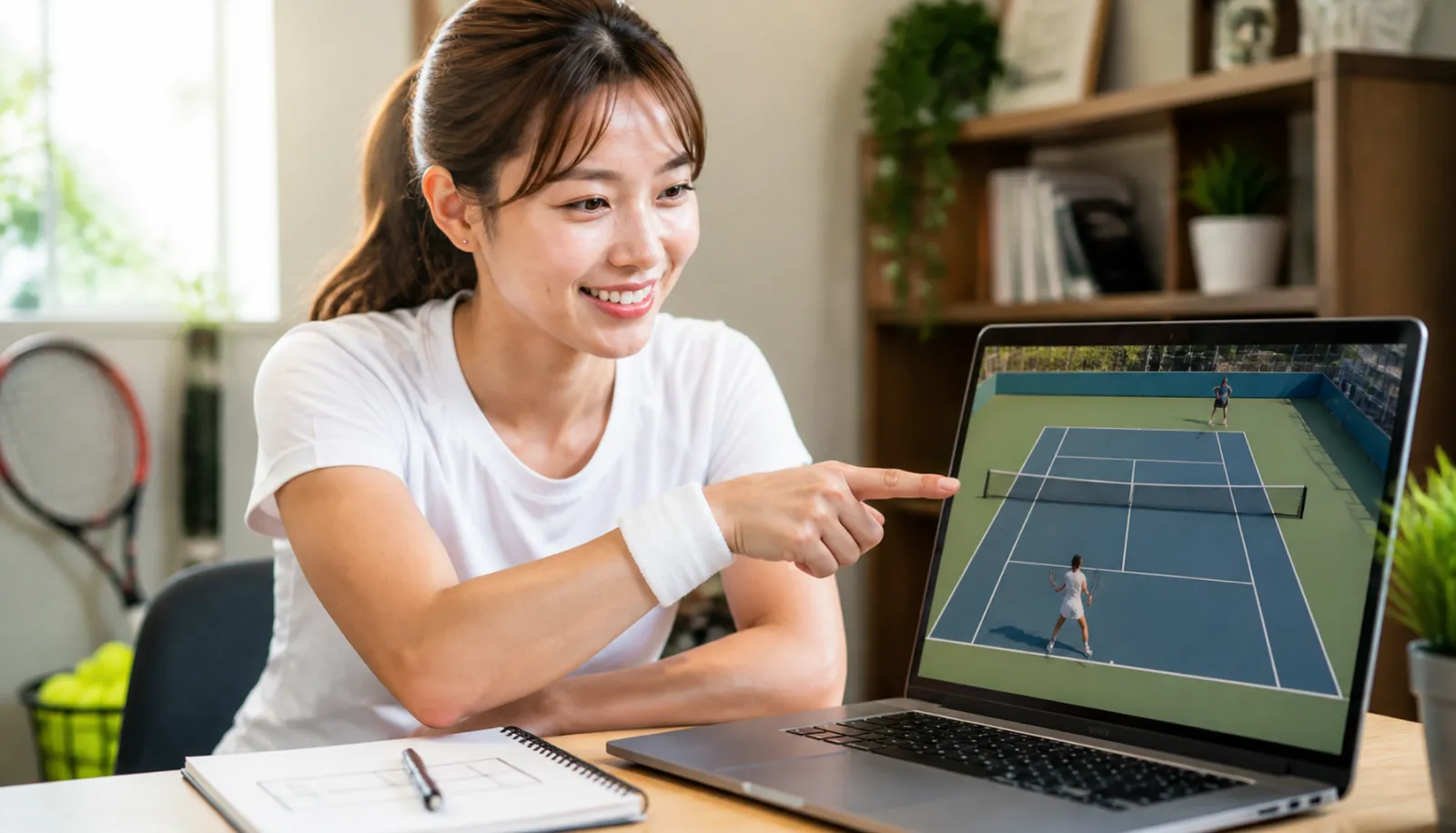 ノートPCに映したテニスの試合映像（コート全体）を指差し、手元のコート図メモとともに戦術を分析する女性コーチ